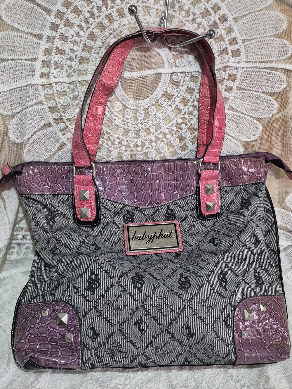 Baby Phat Grey Monogram Shoulder Bag with Pink Croc Accents